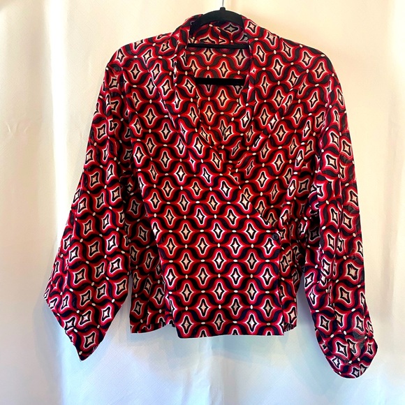 Bayo Tops - Womens Art Deco All Over Geometric Pattern Drape Collar Wrap Blouse Medium Boho